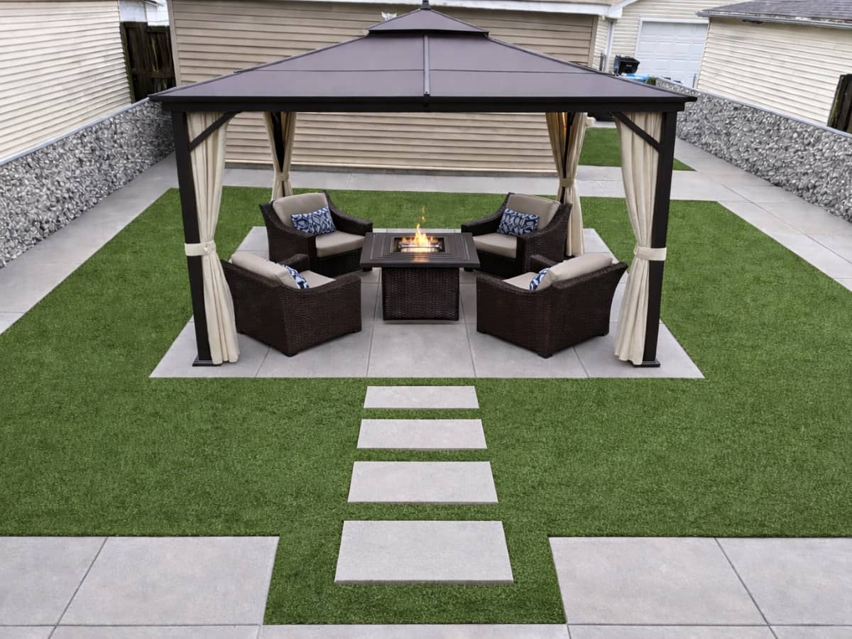 new patio installation with steps and turf