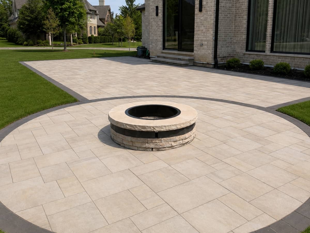 luxury paver patio with fireplace