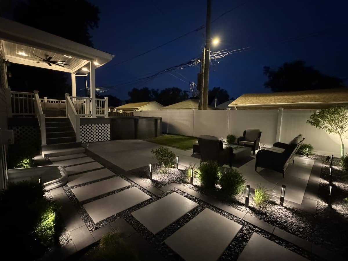 newly installed pavers with landscape lighting