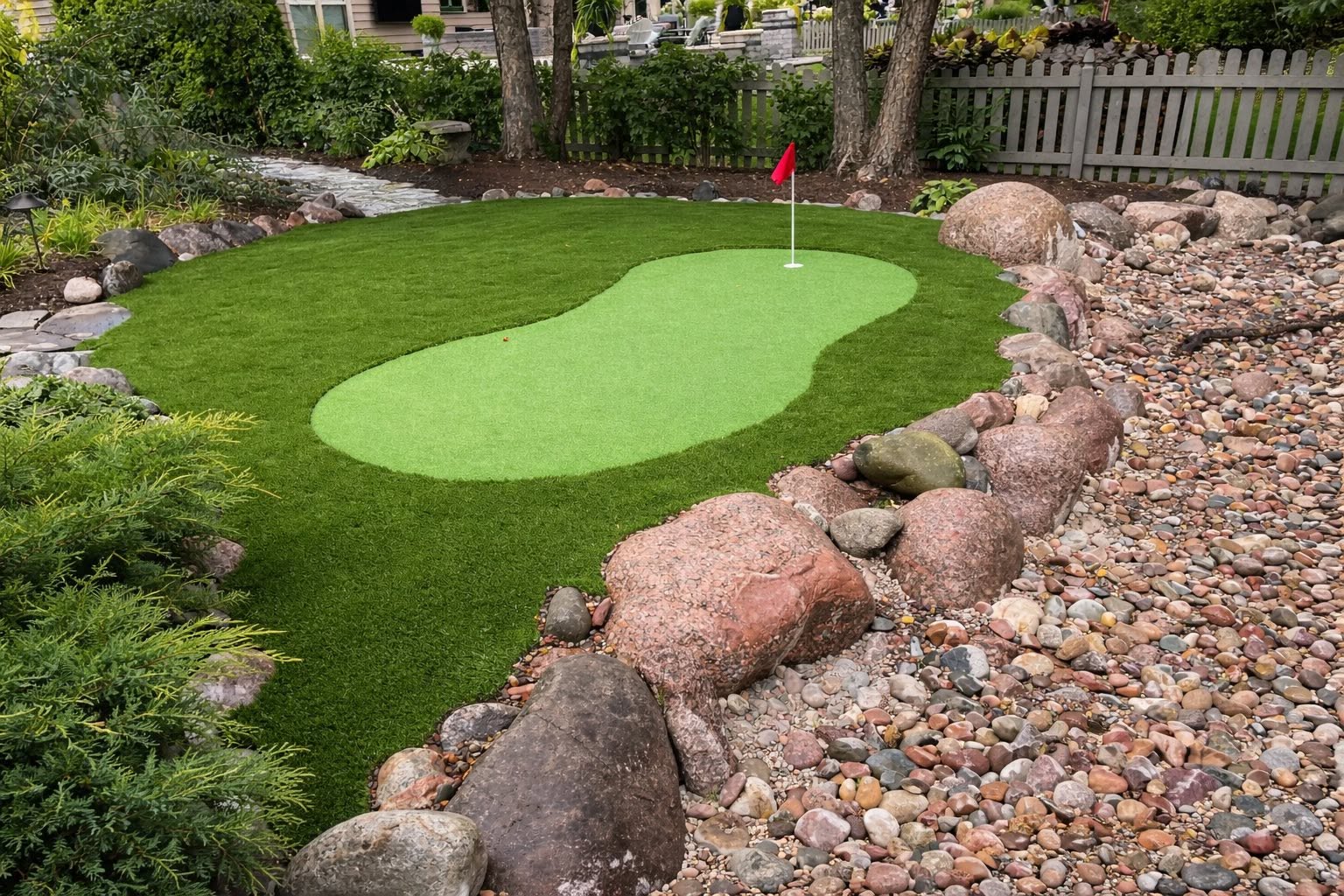 putting green surrounded by turf and hardscapes